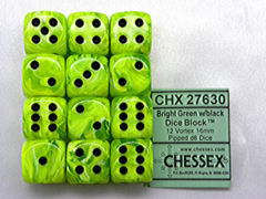 Chessex D6 16mm 12 Dice Set Vortex Bright Green With / Black CHX27630